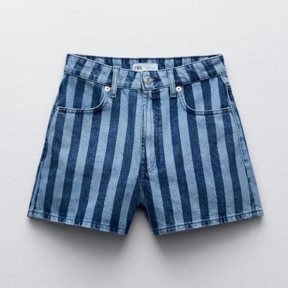 Zara Two-Tone Striped Denim Shorts Size 2 / XS - Picture 2 of 15